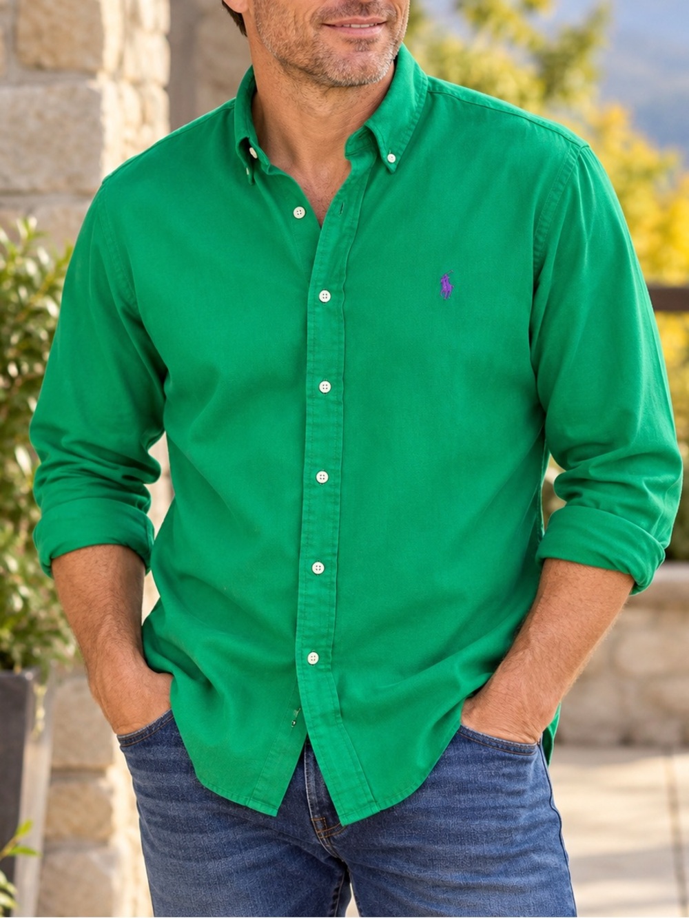 Ralph Lauren Men’s XL Featherweight Mesh Green Cotton Button Down Polo Shirt